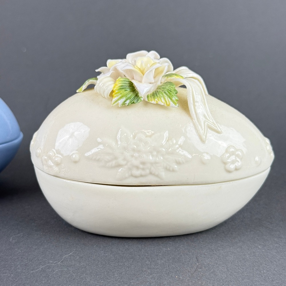 Ceramic Easter Egg 4" Trinket Box Set of 4 Blue Cream Floral Decor - Picture 12 of 16